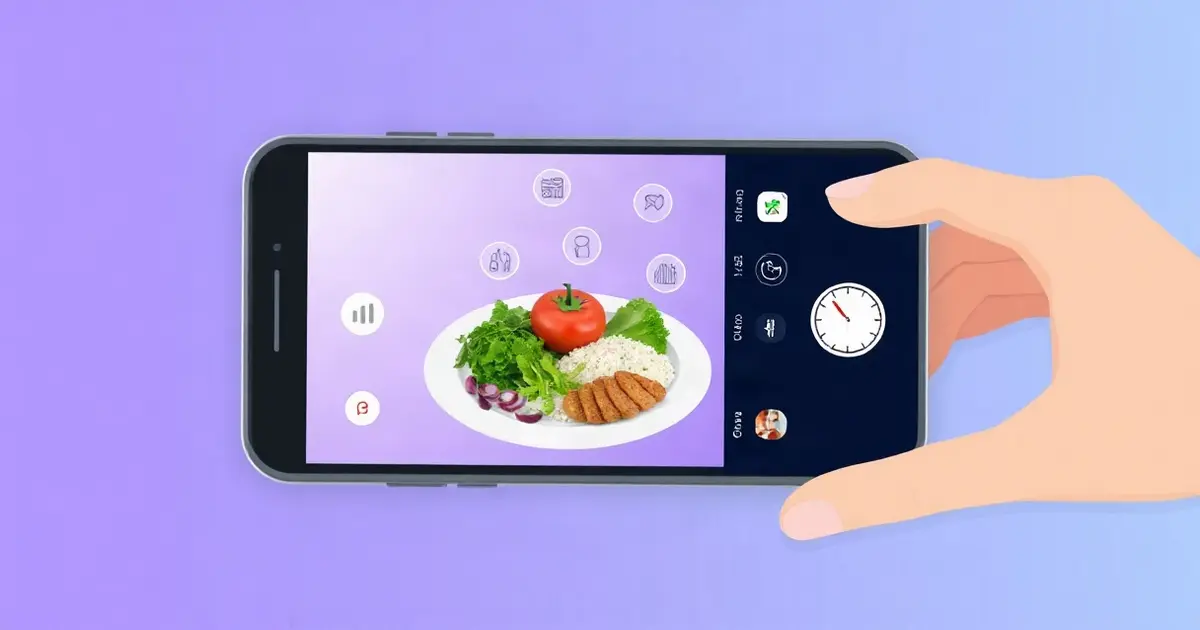 Смартфон сканирует тарелку с салатом, курицей и рисом, рядом значки диаграмм питания