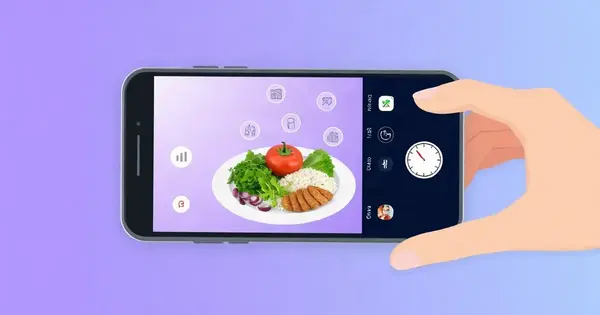Смартфон сканирует тарелку с салатом, курицей и рисом, рядом значки диаграмм питания