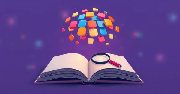 Разноцветные карточки, связанные линиями, парят над раскрытой книгой с лупой