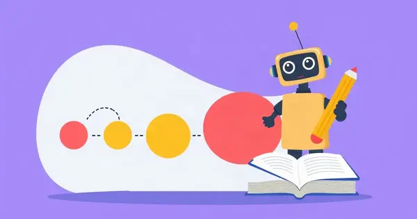 Робот с карандашом стоит на раскрытой книге рядом со схемой из цветных кругов, связанных пунктиром