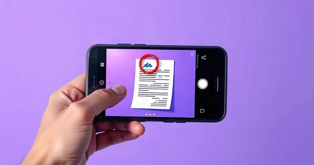 Рука держит смартфон, на экране которого фотографируется бумажный документ