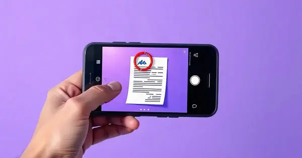 Рука держит смартфон, на экране которого фотографируется бумажный документ