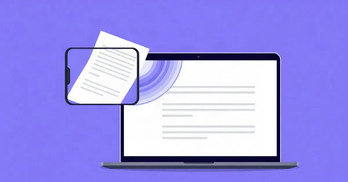 Смартфон сканирует бумажный документ, строки текста переносятся на экран ноутбука
