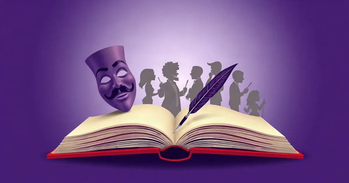 Открытая книга с театральной маской, пером и силуэтами персонажей