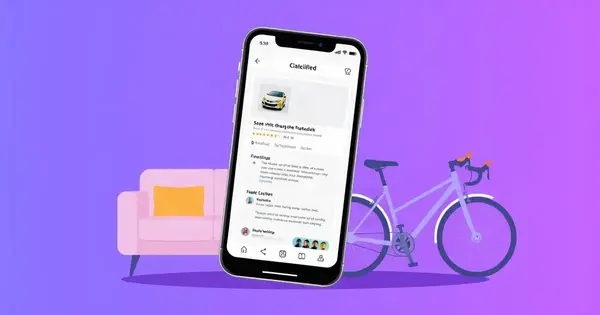Смартфон с открытым объявлением на фоне дивана и велосипеда