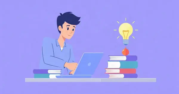 Старшеклассник за столом с тетрадью, книгами и ноутбуком в плоской иллюстрации