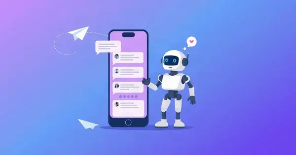 Смартфон с перепиской в мессенджере и дружелюбный робот-помощник рядом