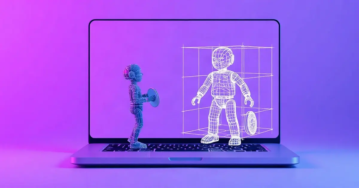 Ноутбук, на экране которого фигурка превращается в каркасную 3D-модель