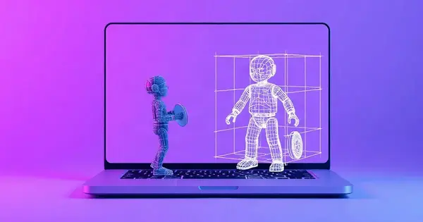 Ноутбук, на экране фигурка превращается в каркасную 3D-модель