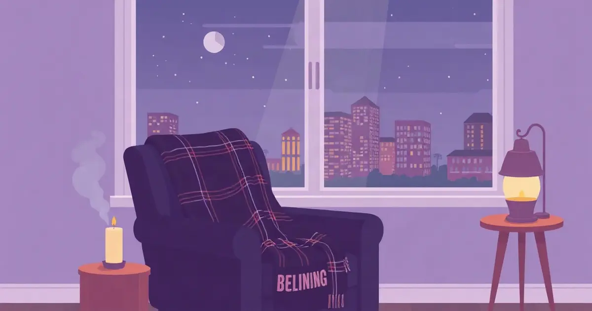 Кресло с пледом, чашка чая и свеча у окна с вечерним городом