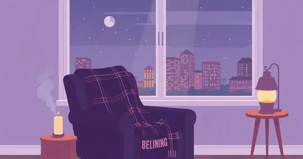 Кресло с пледом, чашка чая и свеча у окна с вечерним городом