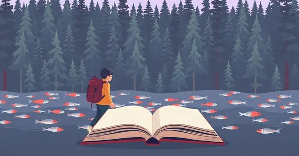 Мальчик с рюкзаком в тайге у тихого озера, рядом раскрытая книга