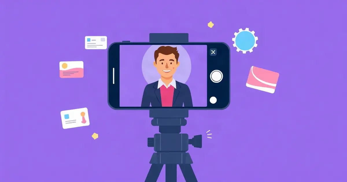 Смартфон на штативе снимает улыбающегося человека, рядом иконки видео и визитки