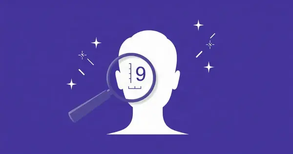 Карточка с портретом, лупа и шкала возраста на фиолетово-синем фоне